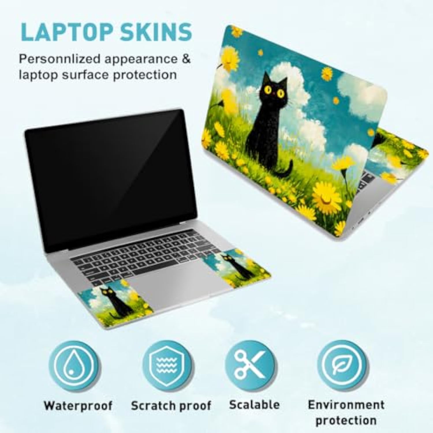 Oil Painting Cat Laptop Skin Stickers Cutable Universal Size Fits 12" 13" 13.3" 14" 15 Inch Laptop Cute Yellow Flower Removable Waterproof Notebook Art Decals Pc Protector Cover Sticker