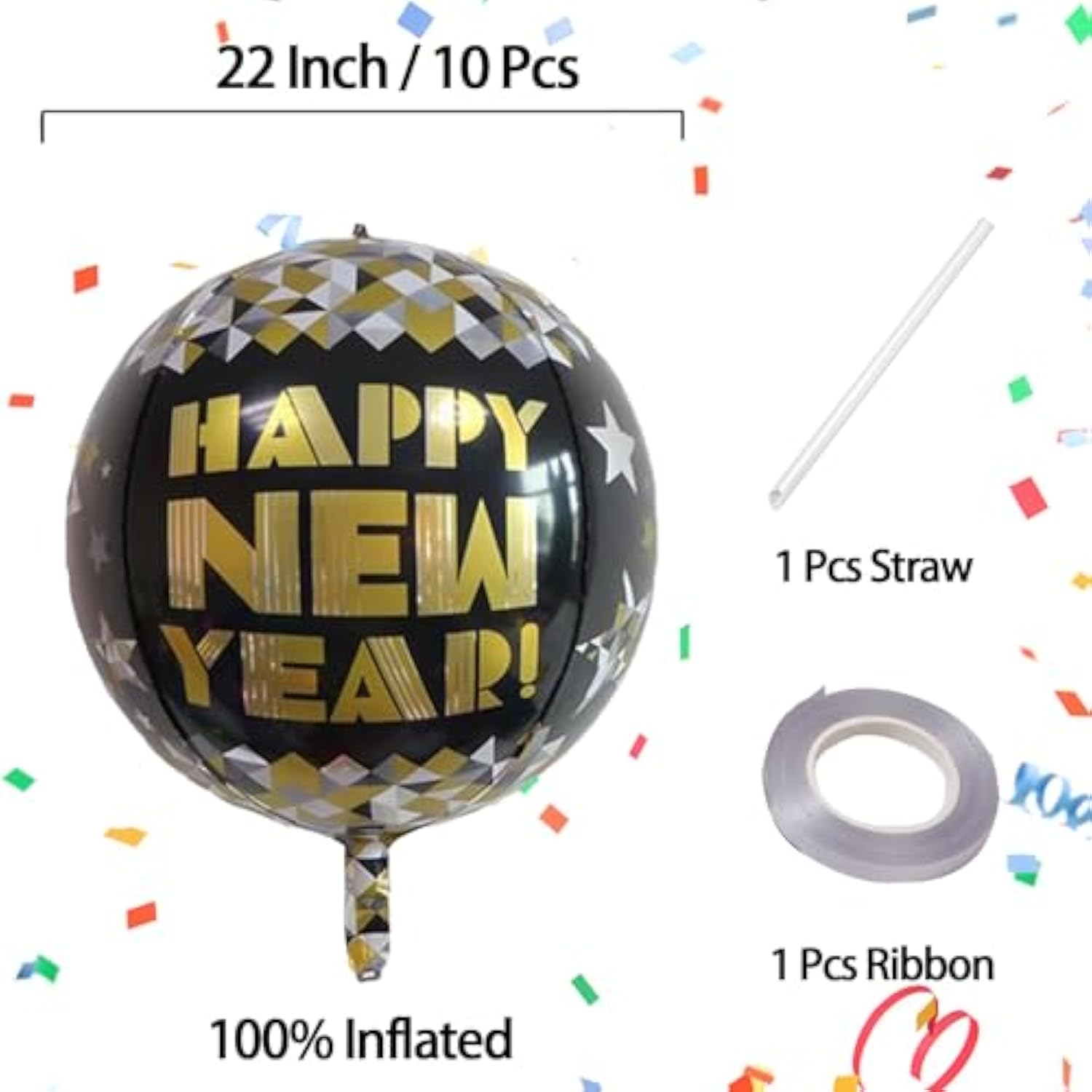 22 Inch Happy New Year Foil Balloons 10-Piece Metallic Party Decorations