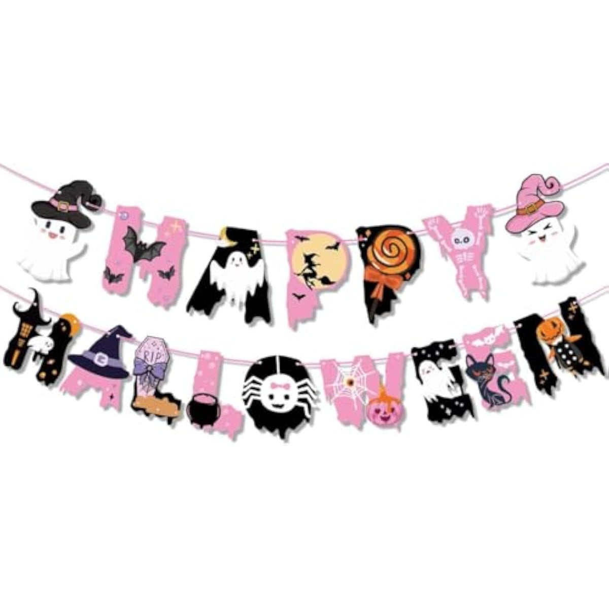 Pink Happy Halloween Banner Ghost Boo Pumpkin Bat Witch Spider Bunting Party Decorations