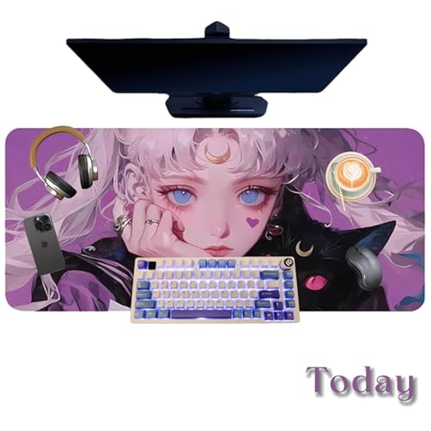 Cat Game Pink Mouse Pad Anime Girl Large Table Mat, 31.5X11.8 Inch Mouse Pad Extended Non-Slip Rubber Backed Keyboard Pad With Stitched Edges For Gaming|Home Office (Cat Girl1)