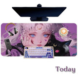 Cat Game Pink Mouse Pad Anime Girl Large Table Mat, 31.5X11.8 Inch Mouse Pad Extended Non-Slip Rubber Backed Keyboard Pad With Stitched Edges For Gaming|Home Office (Cat Girl1)
