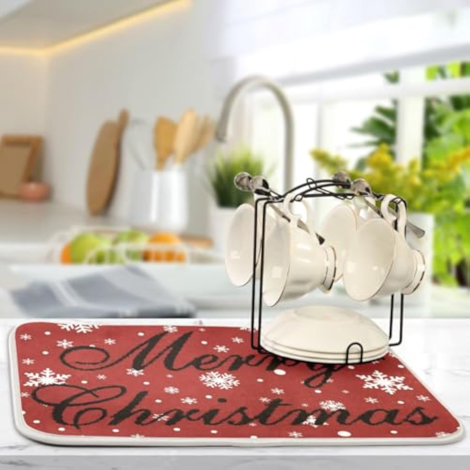 Merry Christmas Red Dish Drying Mat For Kitchen Winter Snowflake White Microfiber Drying Mats Absorbent Reversible Dish Pad Large Dish Draining Mat 18X24 Inch