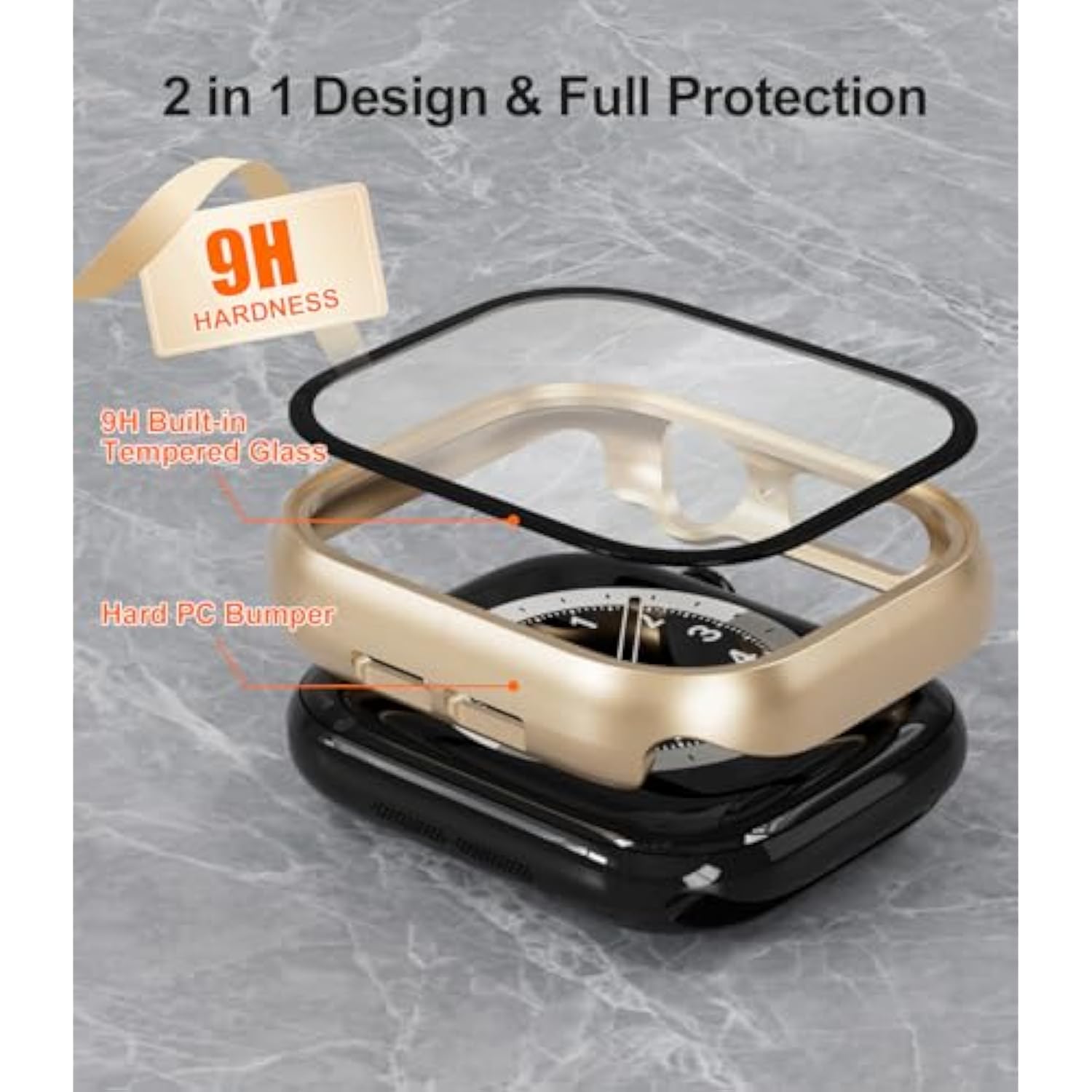 2-Pack Tempered Glass Case For Apple Watch Series 10 46Mm. The Screen Protector For Apple Watch 46Mm Case Is Made Of Pc Material And 9H Tempered Glass (Champagne Gold)