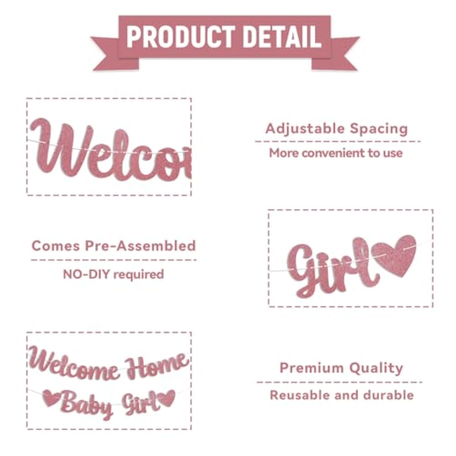 Welcome Home Baby Girl Banner - Pink Baby Shower Decorations For Girl, Gender Reveal Baby Shower Inside Outside Decoration Rose Gold Glitter