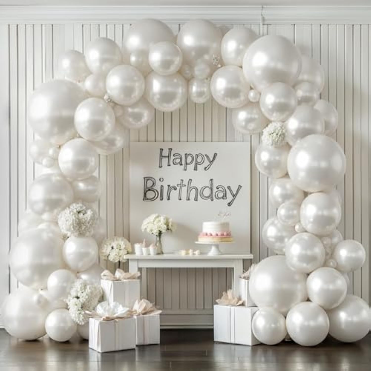 Pearl White Balloon Arch Kit Double-Stuffed Ivory & White Mixed Sizes