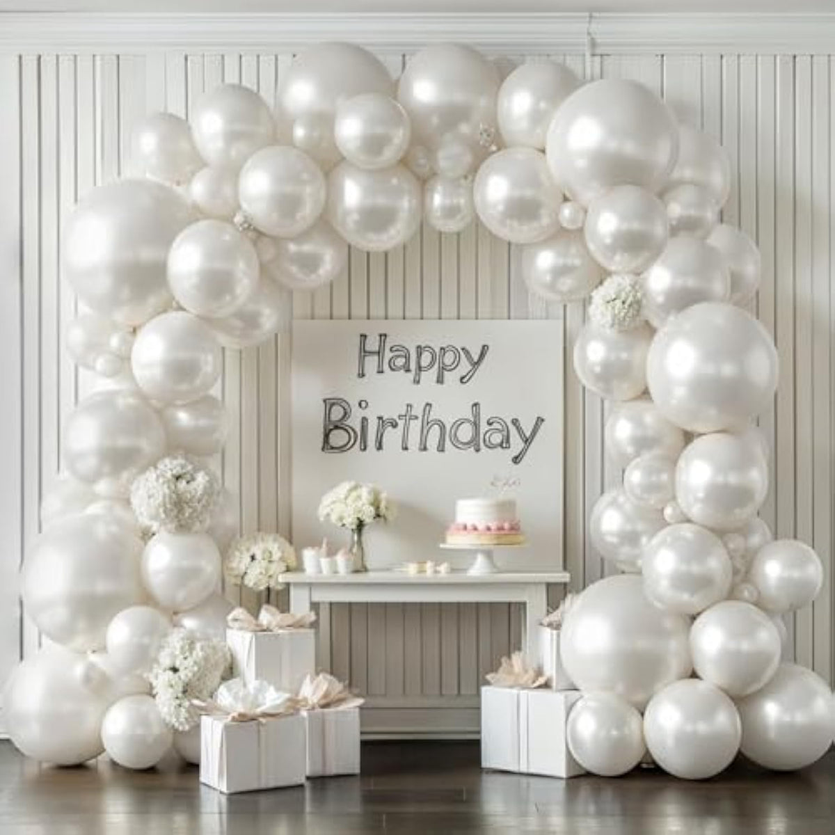 Pearl White Balloon Arch Kit Double-Stuffed Ivory & White Mixed Sizes