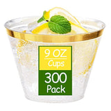 300 Pc Gold Rimmed 9 Oz Heavy Duty Disposable Plastic Cups for Party/Wedding