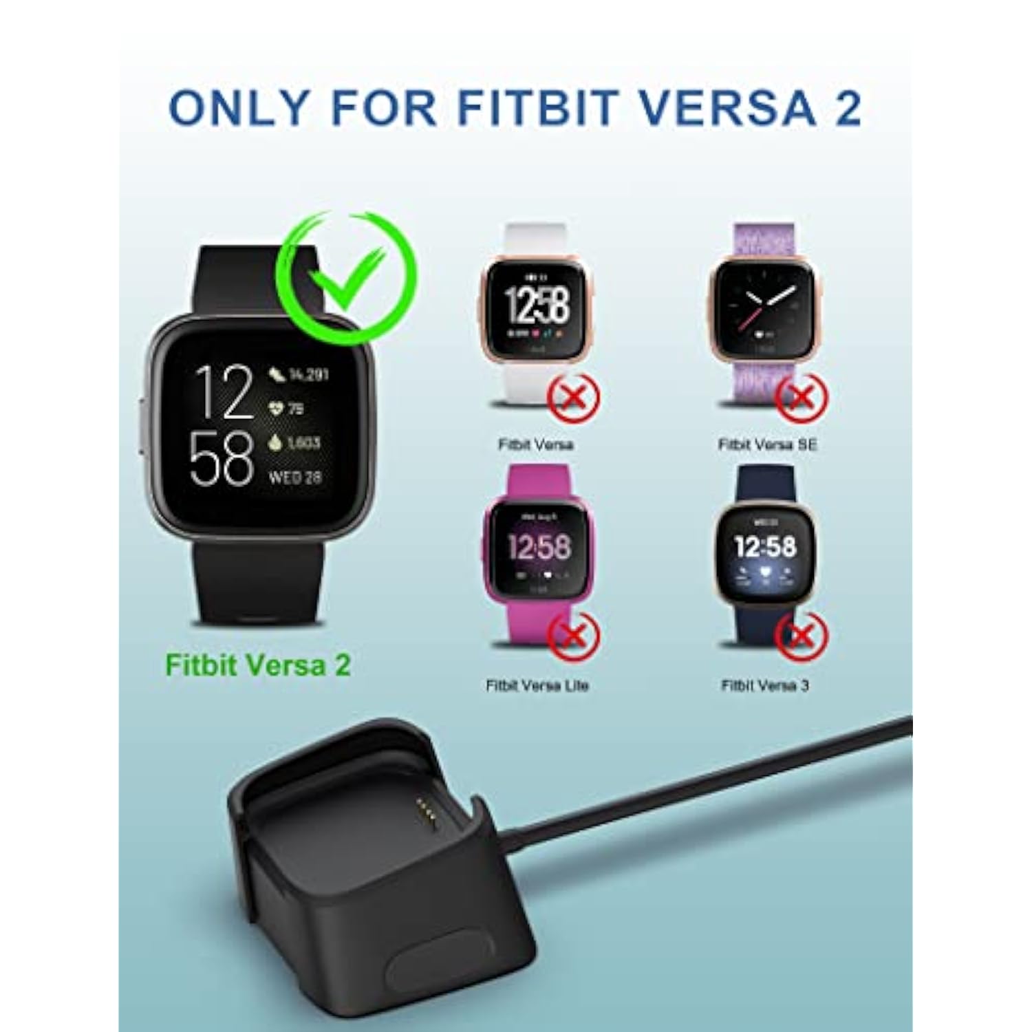 3.3Ft USB Charger for Fitbit Versa 2 Smartwatch Anti-Slip Stand