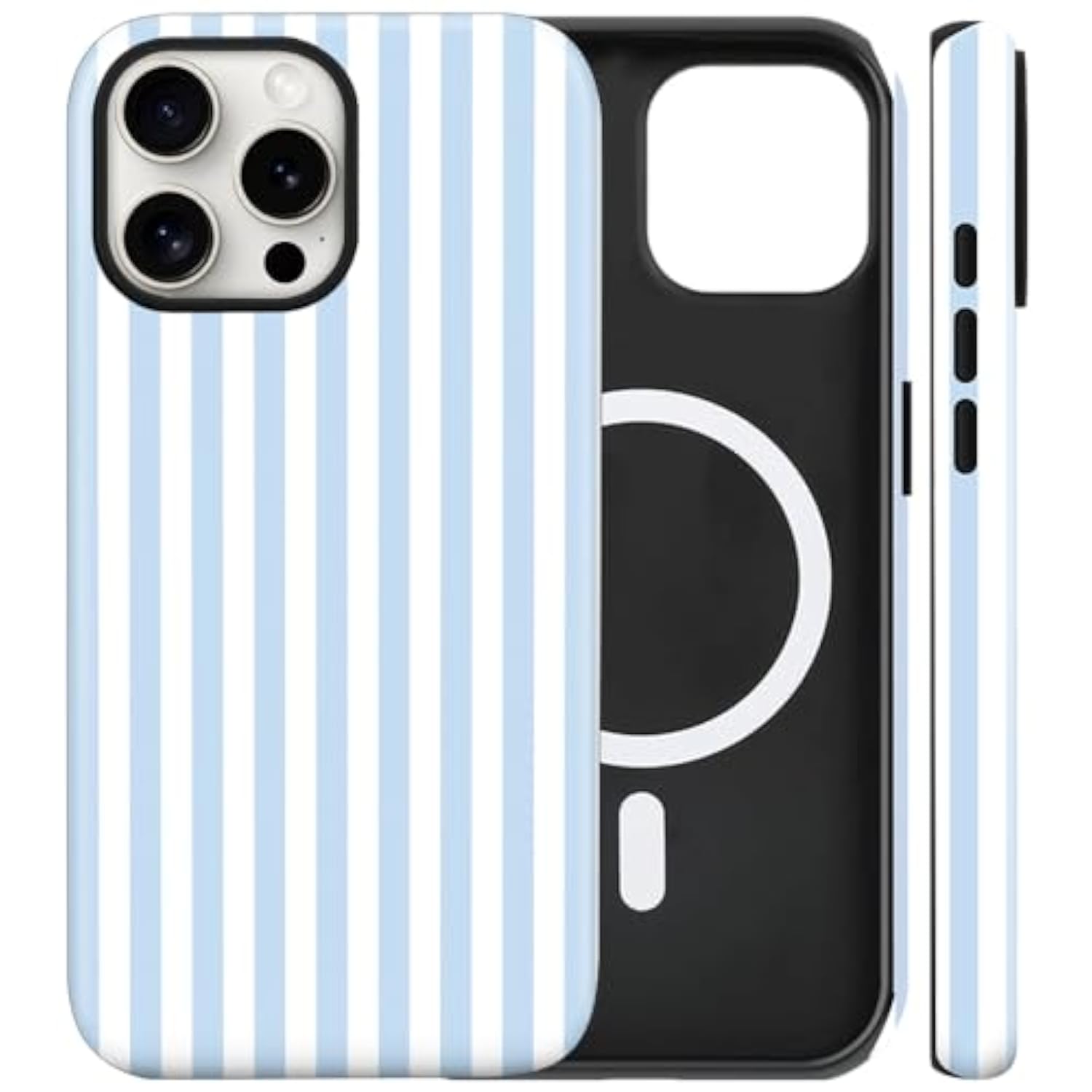 Magnetic Phone Case for iPhone 15 with Cute Stripes Design, Blue and White