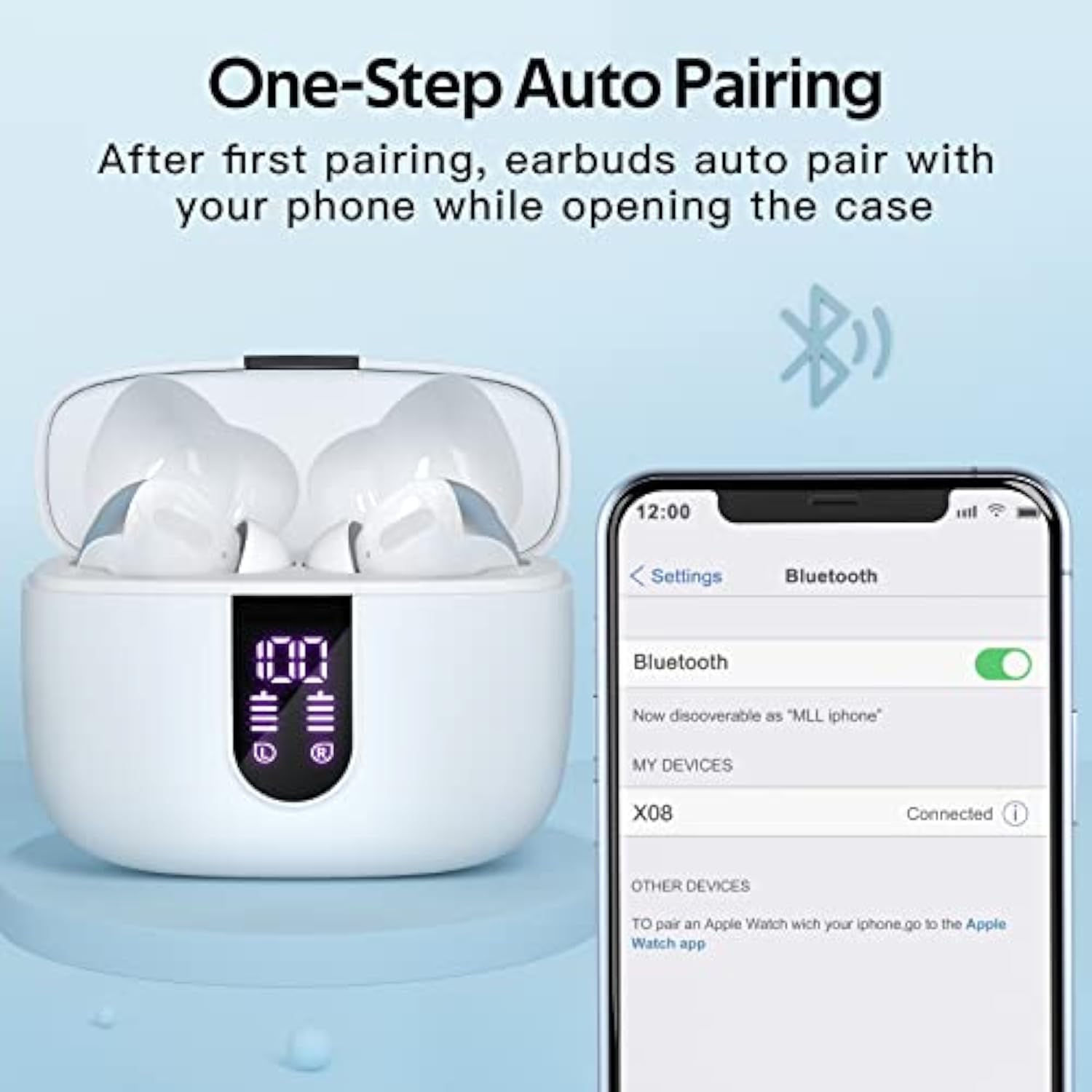 Wireless Earbuds, 60H Playtime, LED Display, Wireless Charging, IPX5, Mic