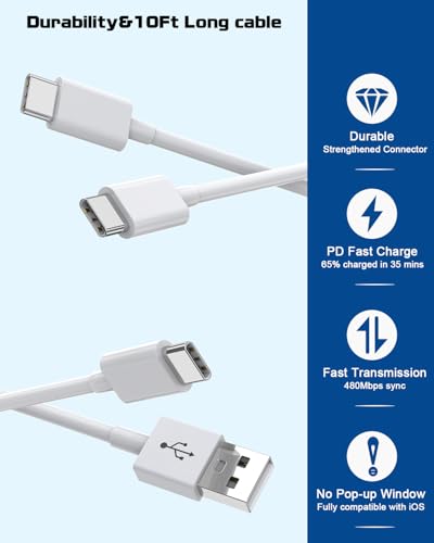 10Foot iPhone USBC Charging Cable,40W 2Pack Foldable Phone 17/16e Fast Charger Block 10FT USBC Cable Fast Charging for  iPhone 17/17 Air/17
