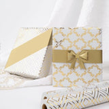 Reversible Gold And White Wedding Wrapping Paper Roll - Classic Foil Lattice Leaf & Solid Gold Design Gift Wrap For Wedding, Anniversaries, Bridal Shower, Birthday, 17 Inch X 33 Feet