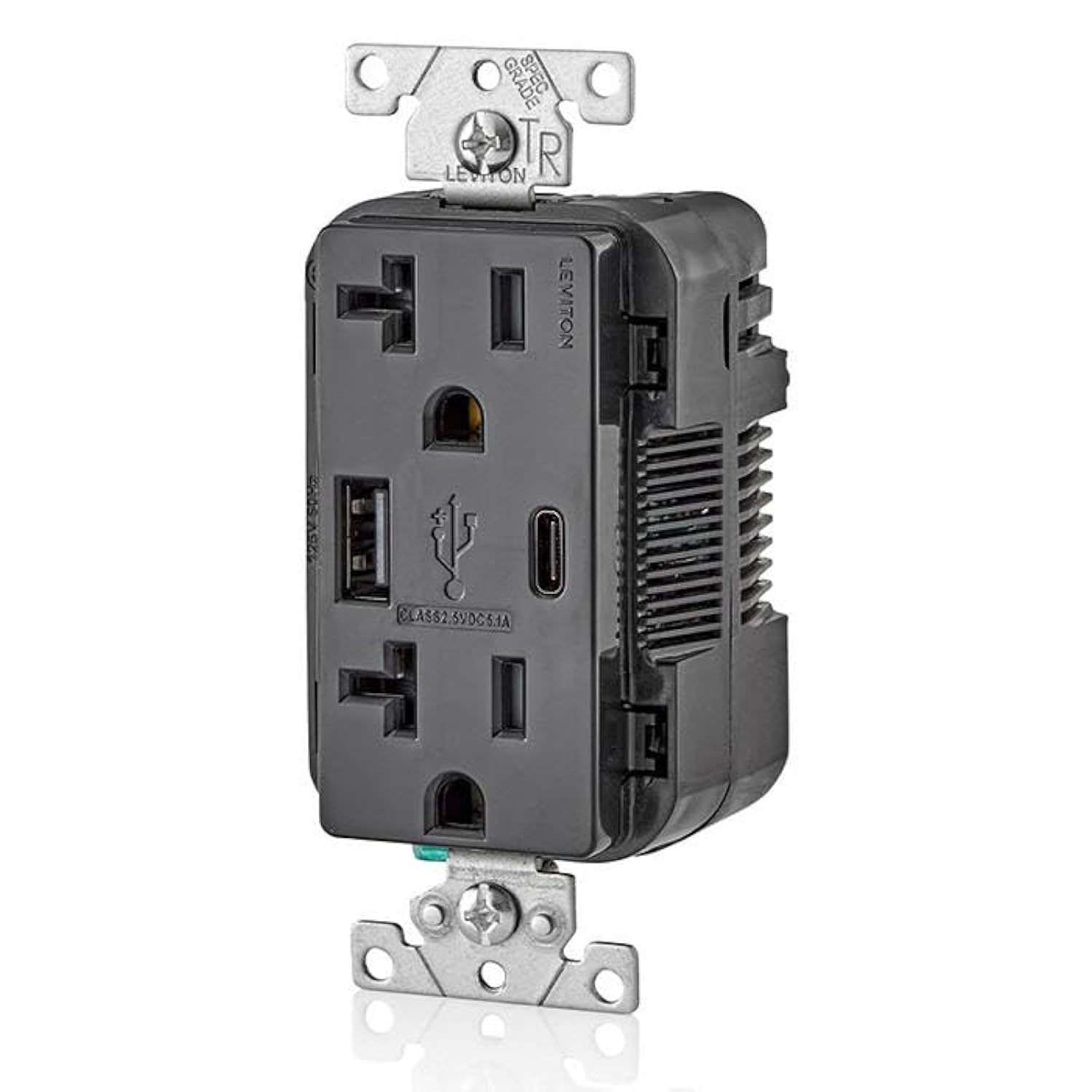 Leviton Type A & Type-C USB In-Wall Charger with 20A Tamper-Resistant Outlet, USB Charger for Smartphones and Tablets. Not for Laptops, T5833-E, Black