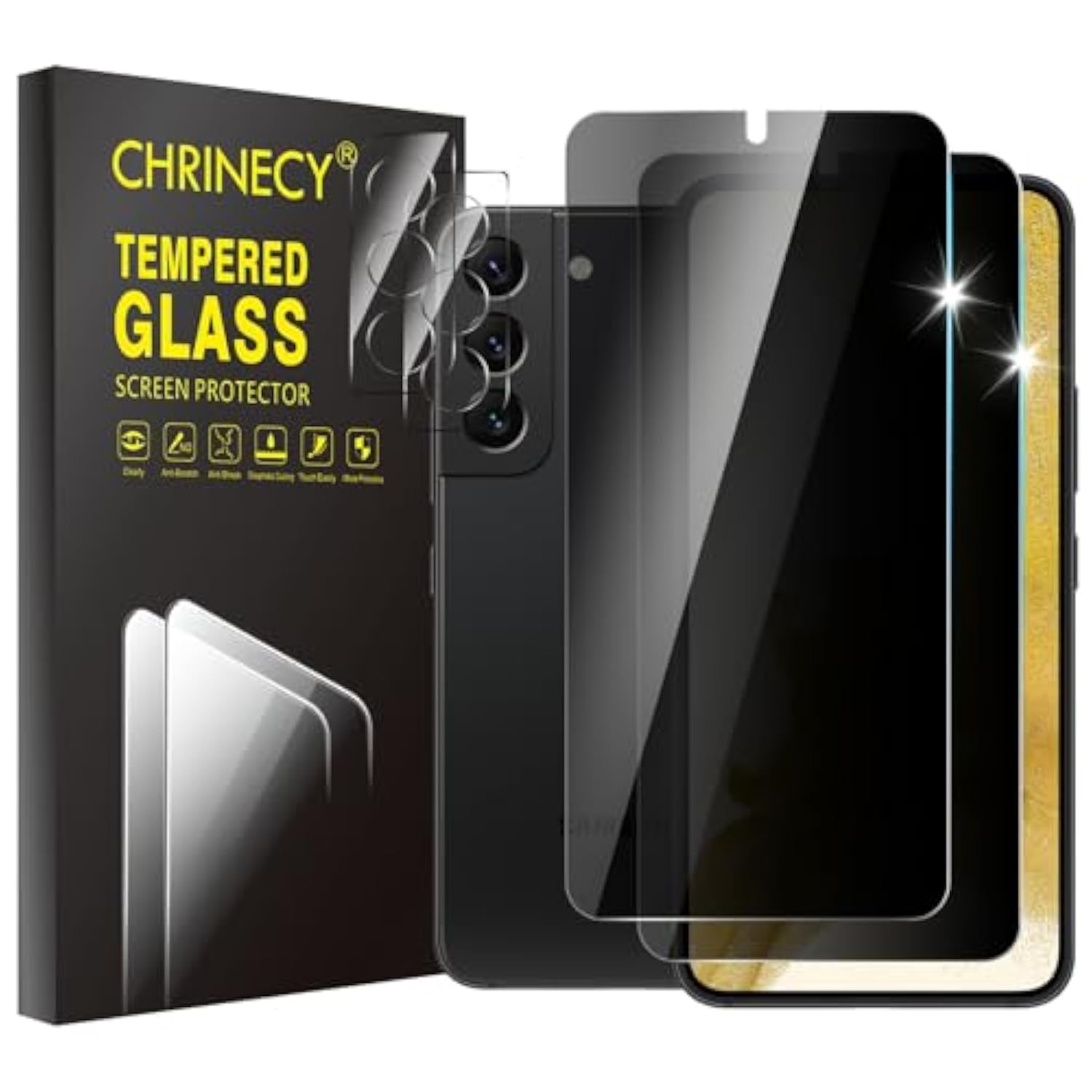 [4 Pack 2Pack Privacy Screen Protector Compatible For Samsung Galaxy S22 With 2Pack Camera Lens Protector, 9H Hardness, Anti-Spy, Easy Installation