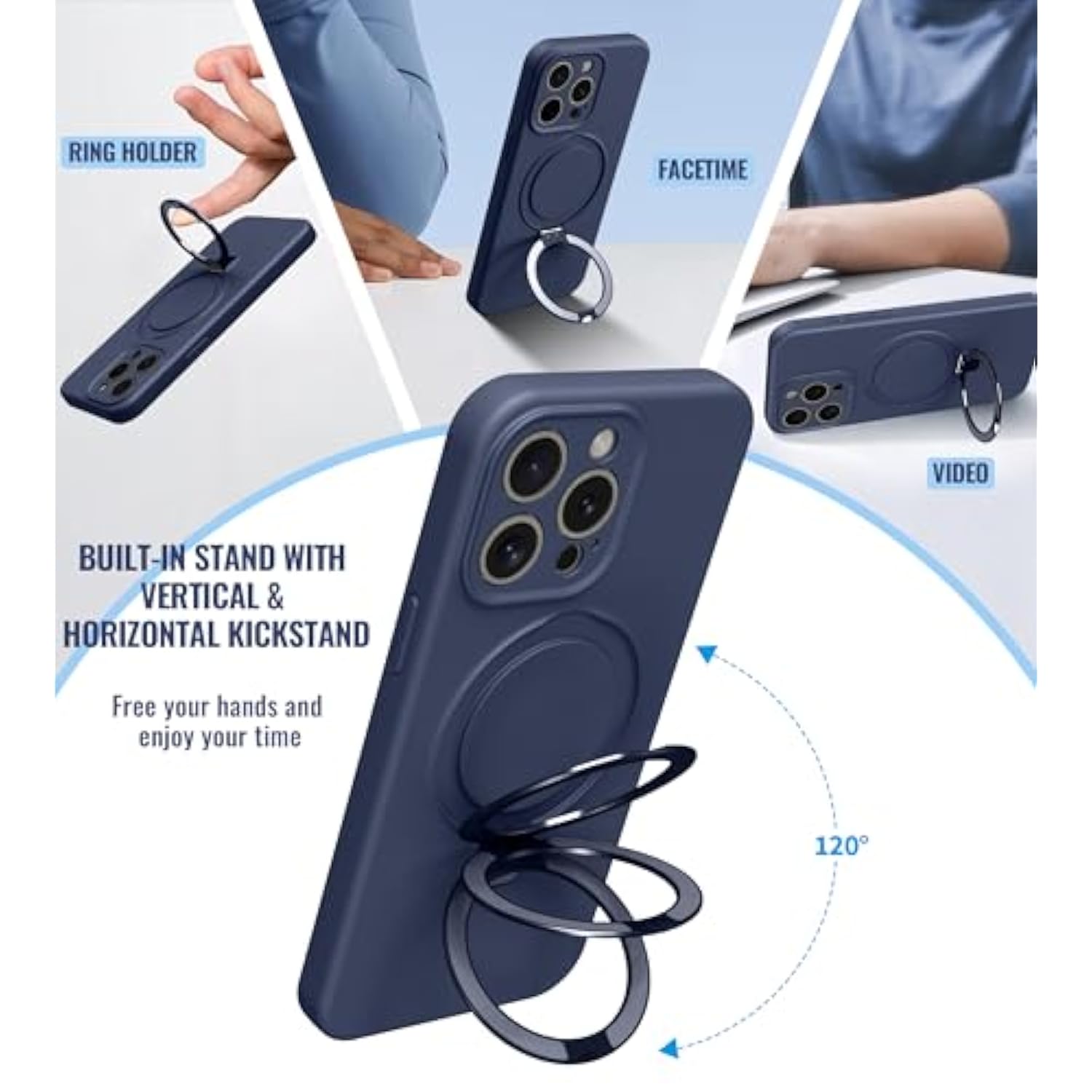 Compatible With Iphone 13 Pro Max Case Stand, Slim Full Camera Protection Liquid Silicone Phone Case Suitable For Iphone 13 Pro Max Compatible With Magsafe Ring Magnetic Kickstand, Dark Blue