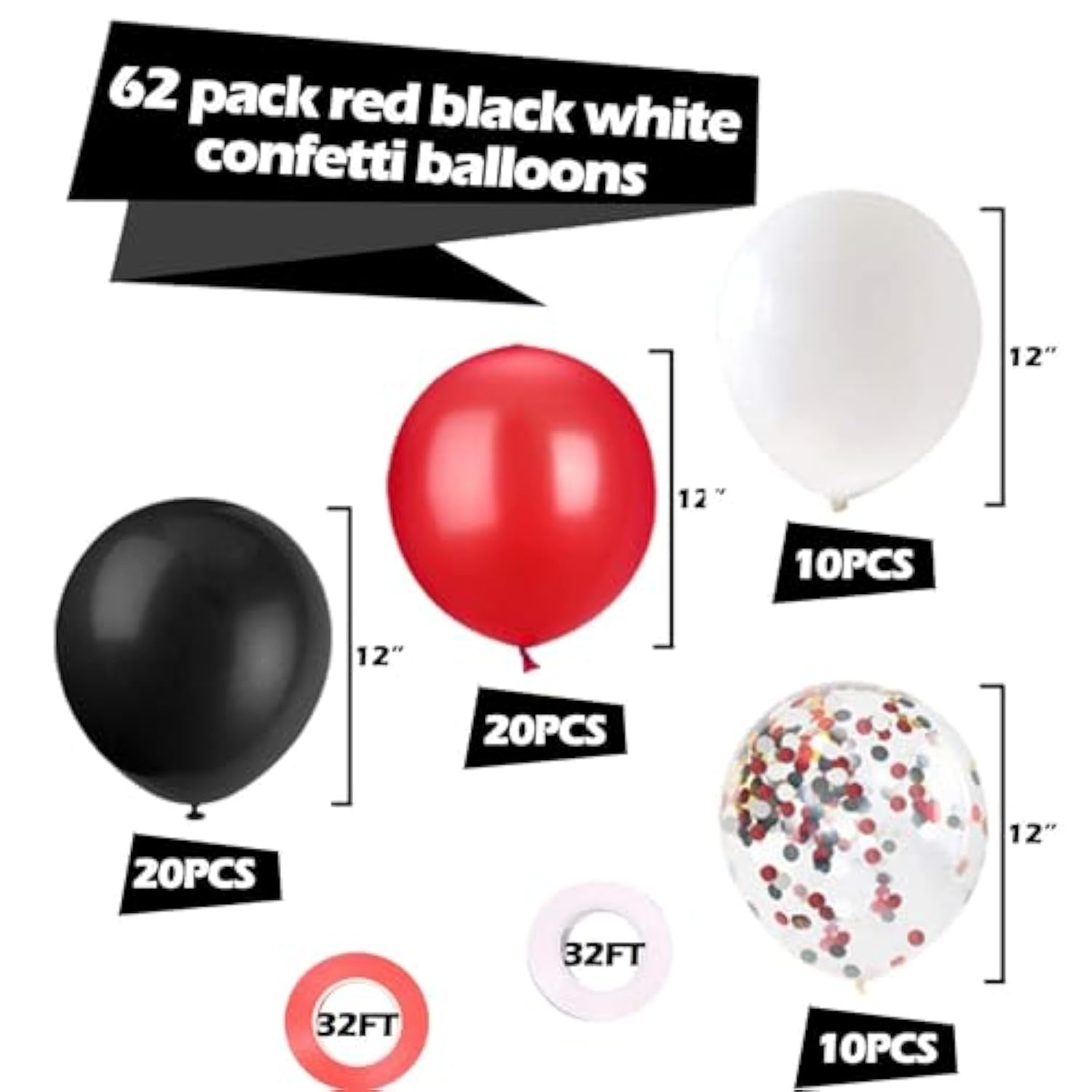 62Pcs Red And Black Balloons Kit - 12 Inches Red Black Party Decoration Balloons For Graduation Casino Theme Birthday Party Decorations Supplies