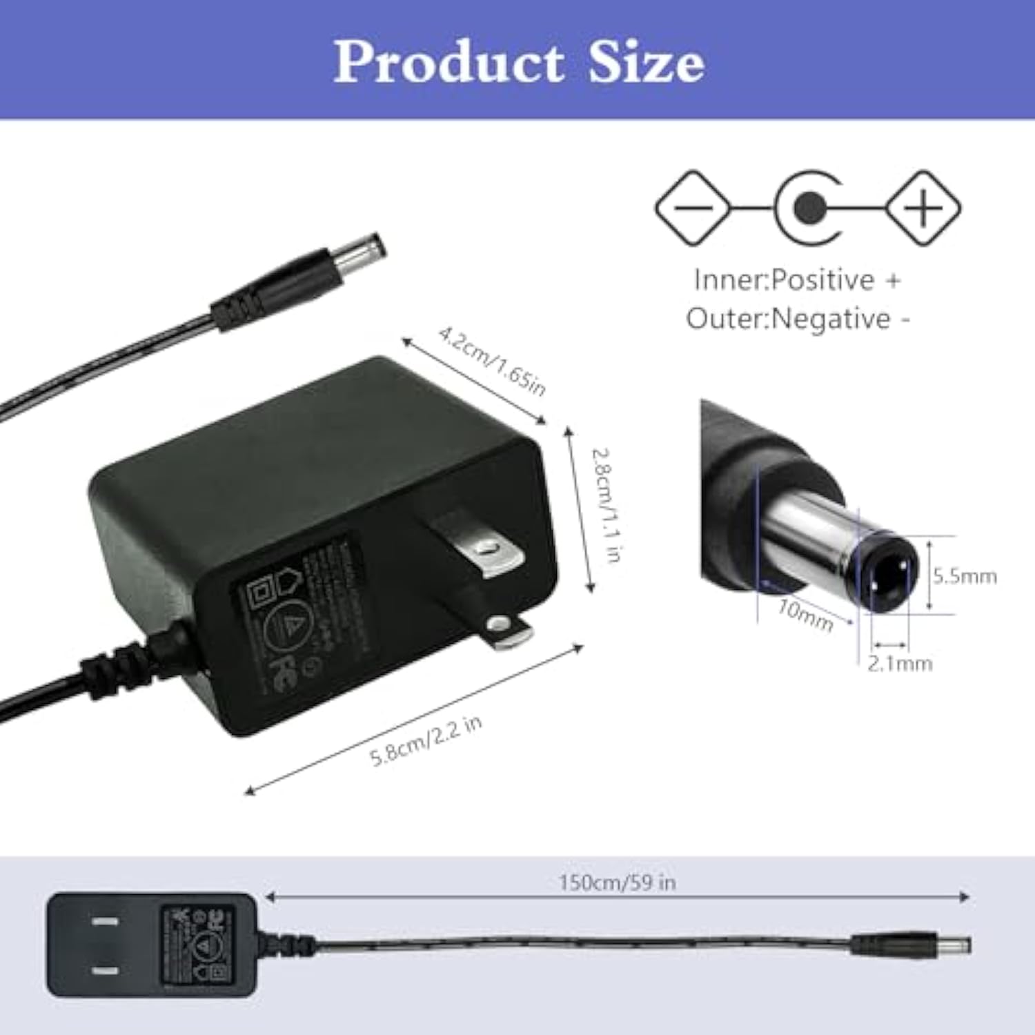 5V 1A Wall Charger Power Adapter with Plug 5.5 x 2.1mm, 5W Universal AC/DC Adapter 100-240V AC to DC 5V Power Cord Converter with 9 Interchangeable Jacks Plug (1 Pack)