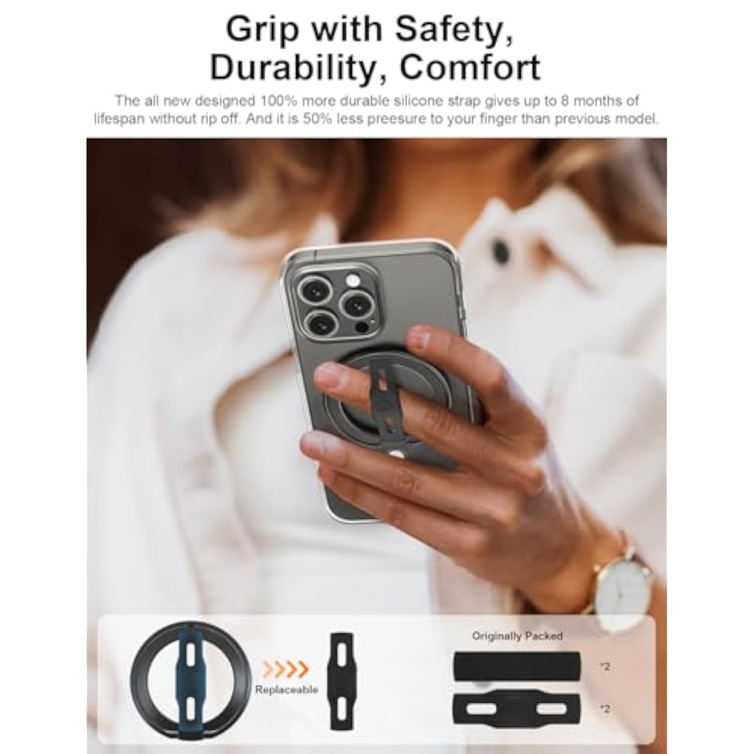 MagOne 2nd Gen MagSafe Grip Stand with Replaceable Silicone Strap, iPhone 15/14/13