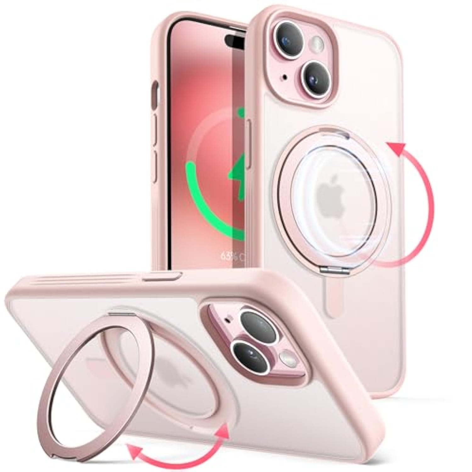 JETech 360 Degree Rotatable Ring Case for iPhone 15 Plus 6.7-Inch Compatible with MagSafe, Slim Shockproof Phone Cover with Stand & Ring Holder (Pink)