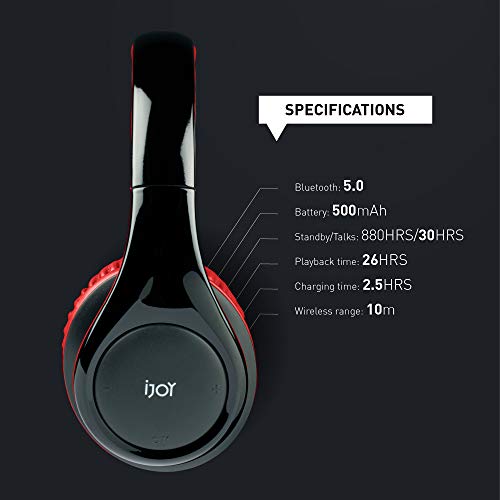 ISO Bluetooth 5.0 Wireless Over Ear Foldable Stereo Headphones with 30 Hours Battery and Built-in Microphone, (Black/Red)