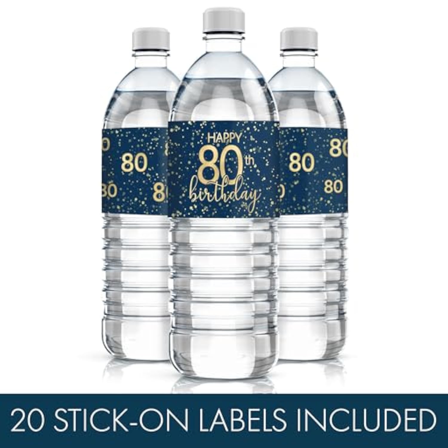 Navy Blue And Gold Happy 80Th Birthday Water Bottle Labels - 20 Waterproof Stickers, 80Th Birthday Party Decorations