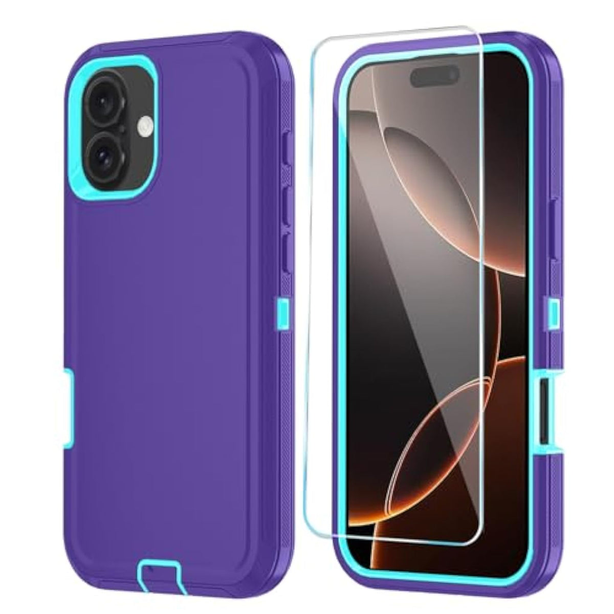 Phone Case For 16 Plus Case With Hd Screen Protector, Heavy Duty Shockproof & Dustproof & Dropproof 3-Layer Cover Phone Case For 16 Plus (6.7'') (Purpleskyblue)