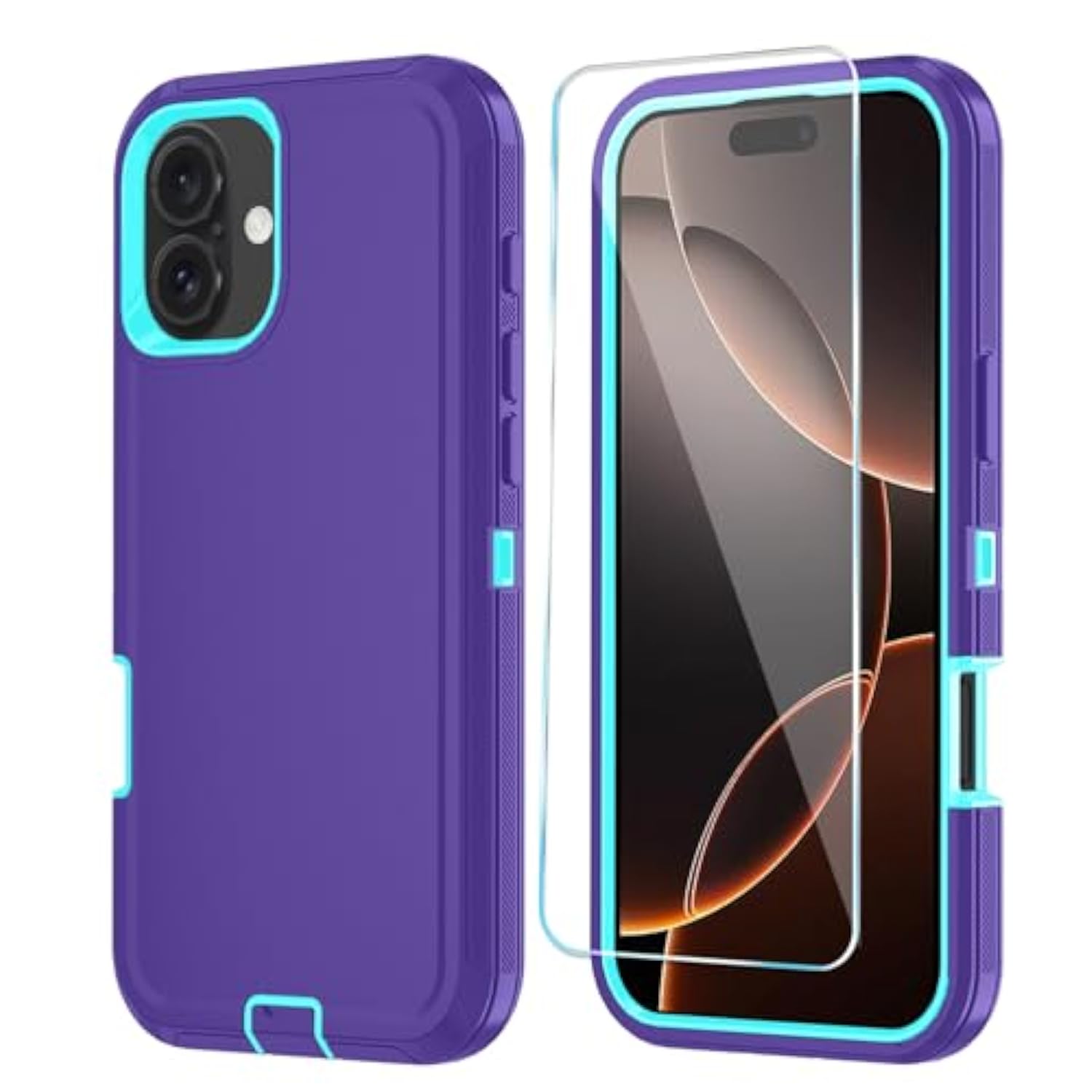 Phone Case For Iphone 16 Case With Hd Screen Protector, Heavy Duty Shockproof & Dustproof & Dropproof 3-Layer Cover Phone Case For Iphone 16 (6.1'')(Purplesskyblue)