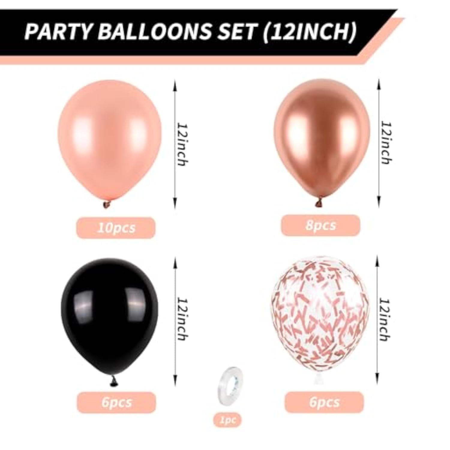 Rose Gold And Black Balloons Set, 12 Inch Metallic Rose Gold Balloons Pearl Rose Gold Confetti Balloons Black Latex Balloons Party Balloons For Birthday Baby Shower Wedding Party Decorations