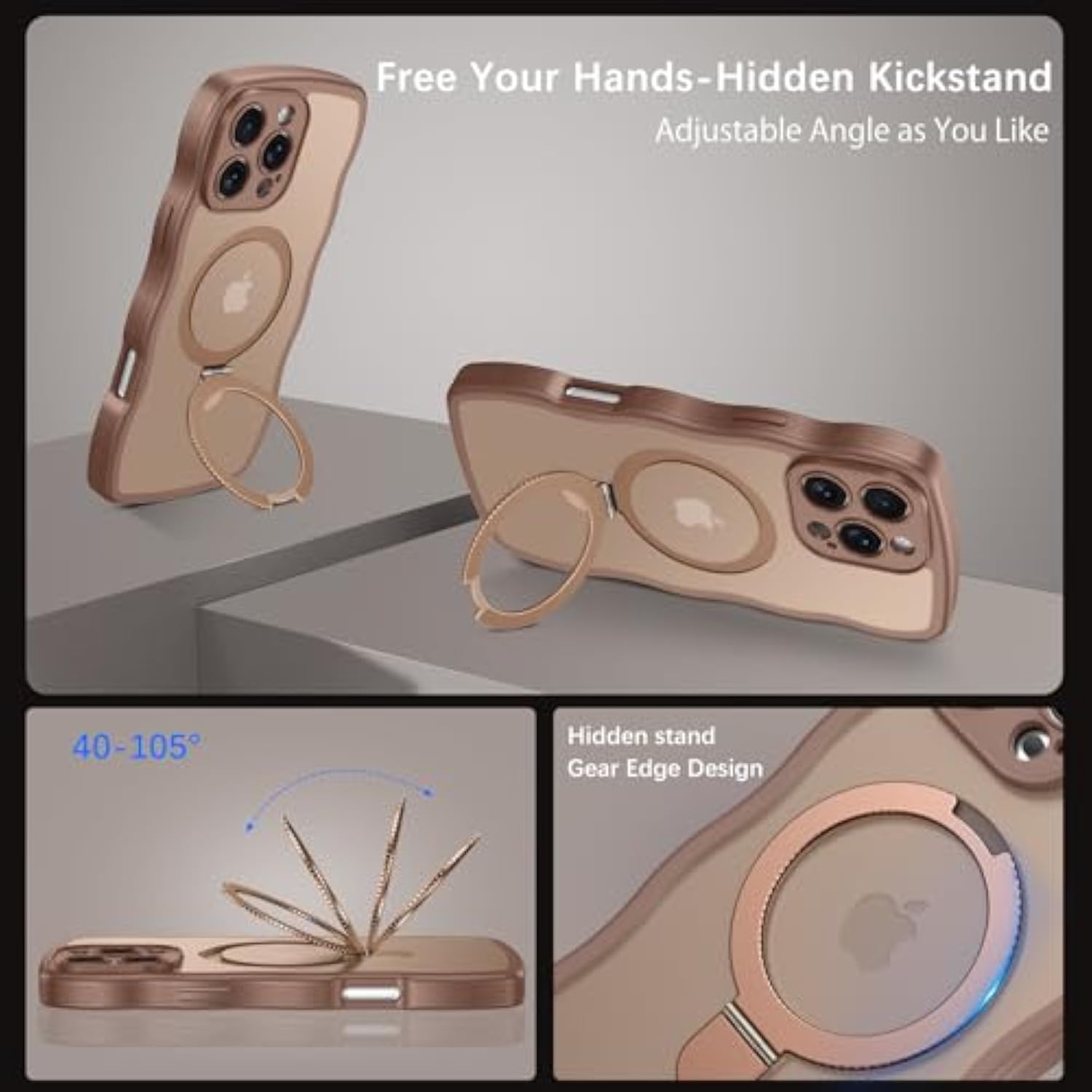 For Magnetic Iphone 16 Pro Max Case 2024, [Compatible With Magsafe] [Curly Wave Frame Design] Non-Slip Easier Grip Kickstand Ring Holder Protective Bumper Cute Phone Cover, Desert Titanium