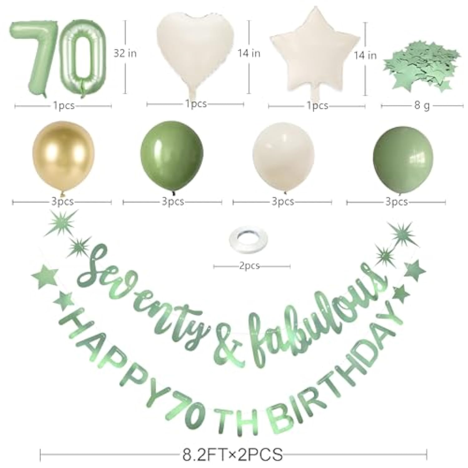 Sage Green 70th Birthday Banner and Foil Balloon Party Decor