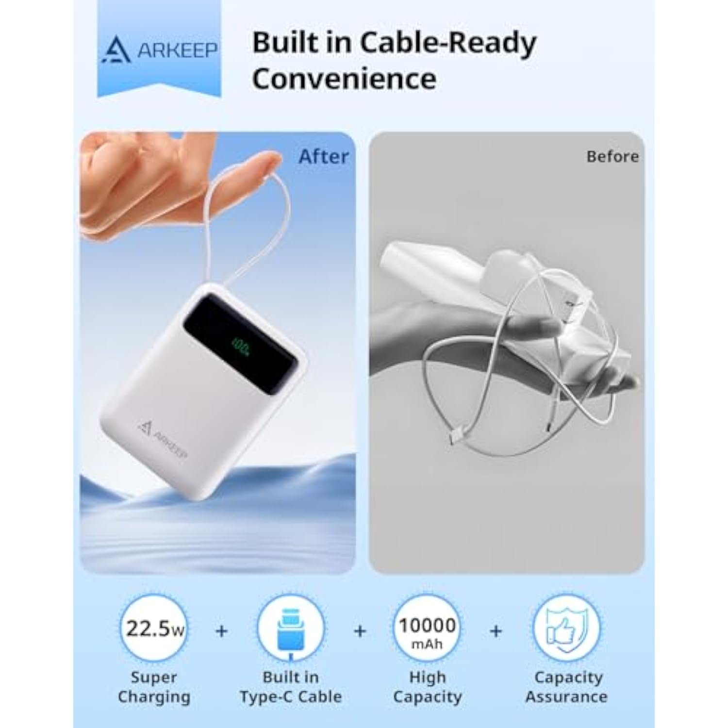 Portable Charger 10000Mah, Power Bank With 22.5W Pd Fast Charging Built-In Type-C Cable,Usb-C & Usb-A Outputs, Compact Portable Phone Charger Compatible With Iphone 15/14, Samsung Galaxy, Ipad