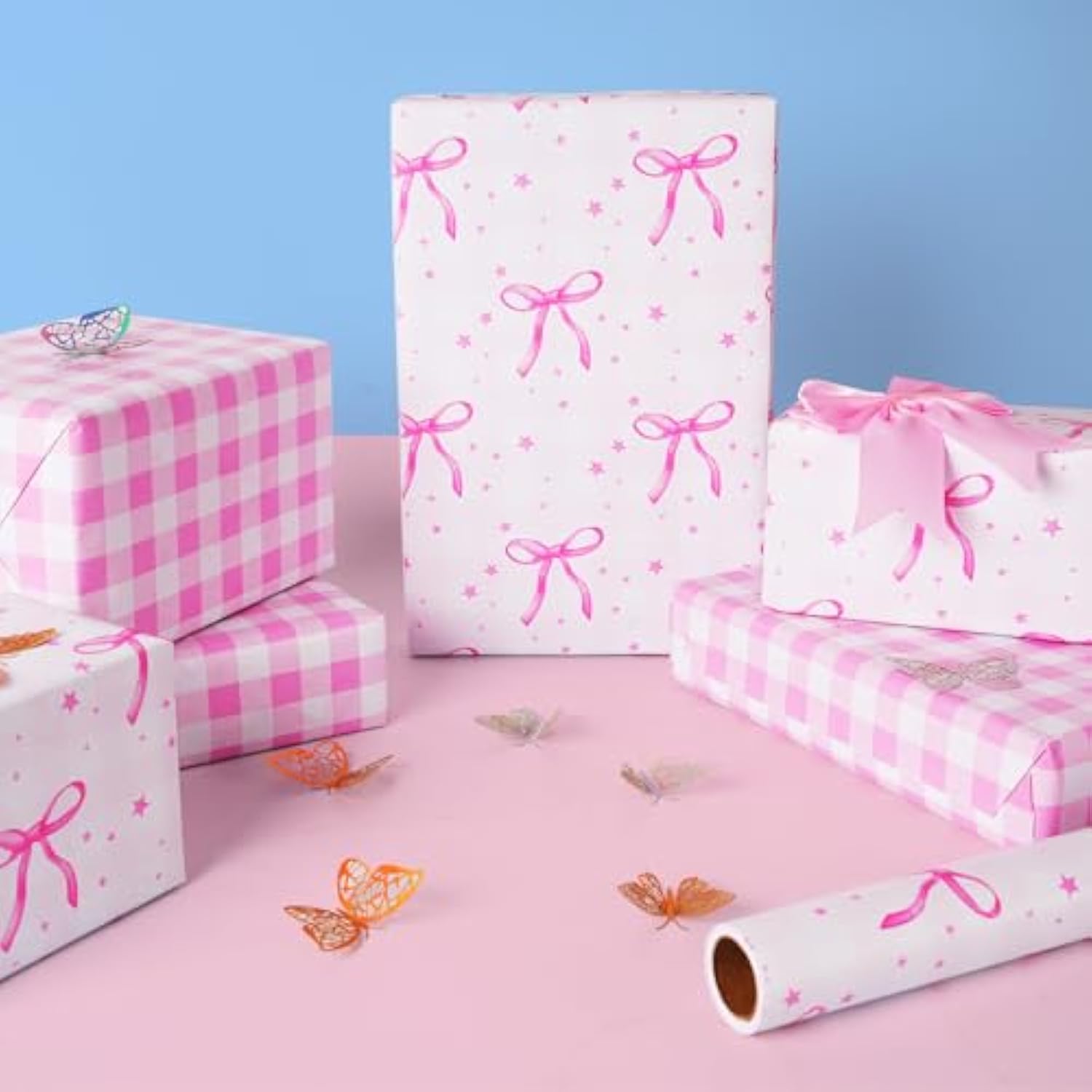 Pink Bow Reversible Wrapping Paper Roll - Mini Roll - 1 Roll 17" X33Ft Pink Bow Birthday Wrapping Paper Roll For Girls Kids Pink And White Plaid Design Gift Wrap Paper Pink Bow Party Favor