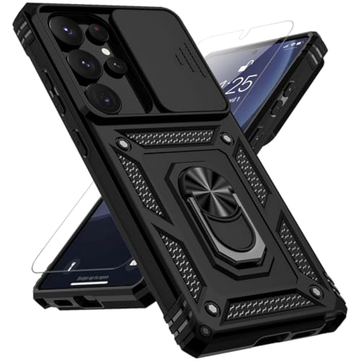 For Samsung Galaxy S25 Ultra Case With Slide Camera Cover Hd Screen Protector [Military Grade Drop Tested] Magnetic Ring Holder Kickstand Protective Phone Case For Samsung Galaxy S25 Ultra 2025, Black