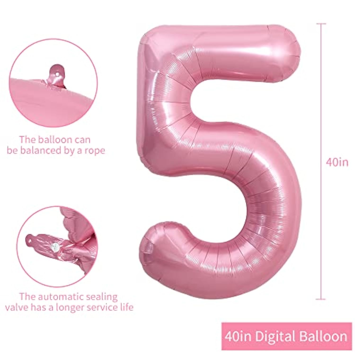40 Inch Light Pink Large Numbers 0-9, Number 5 Digital Helium Balloon, Pink Foil Mylar Big Number Pastel For Birthday Party Anniversary Supplies Decorations