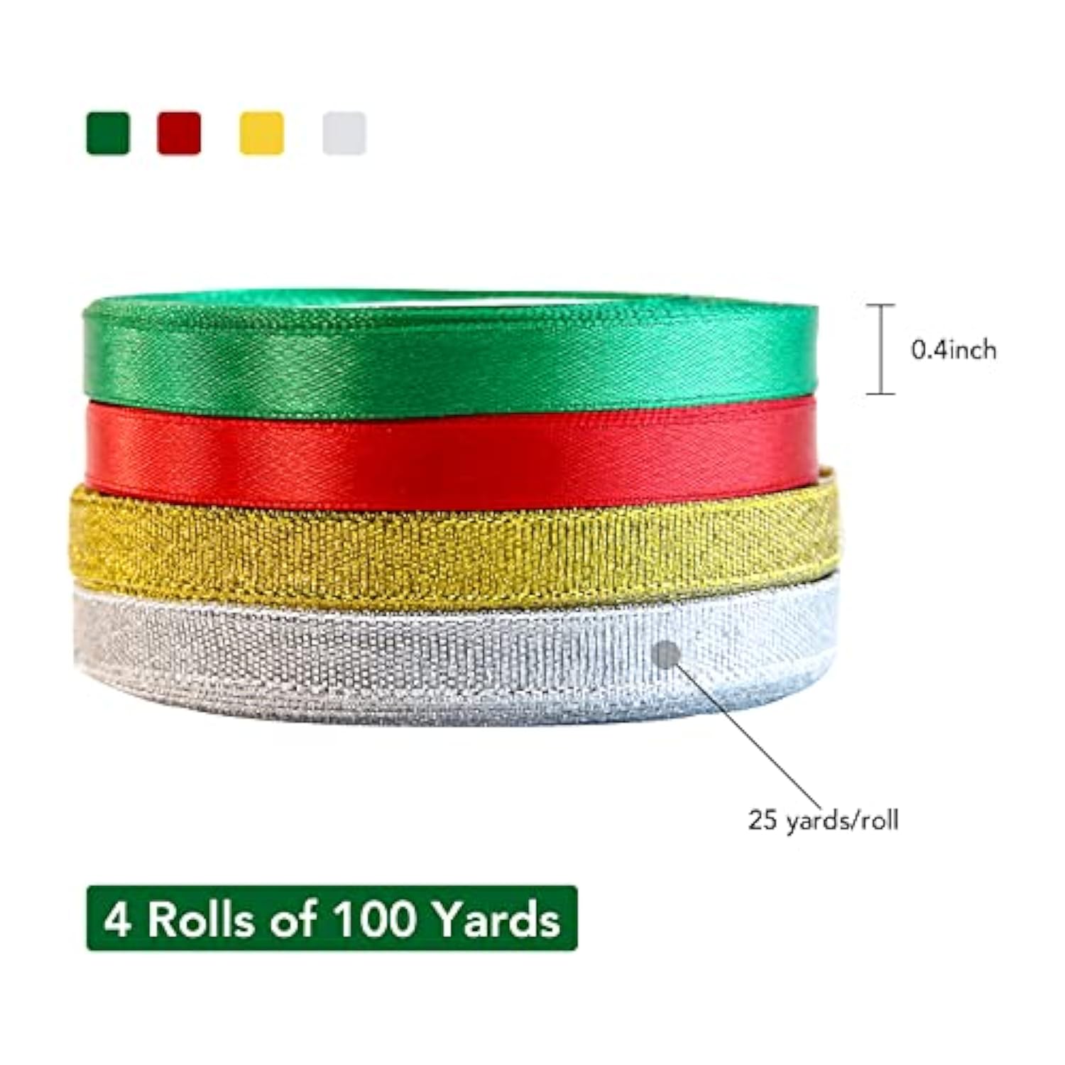 4 Rolls 100 Yards Christmas Ribbons 3/8" Wide, Metallic Glitter Organz