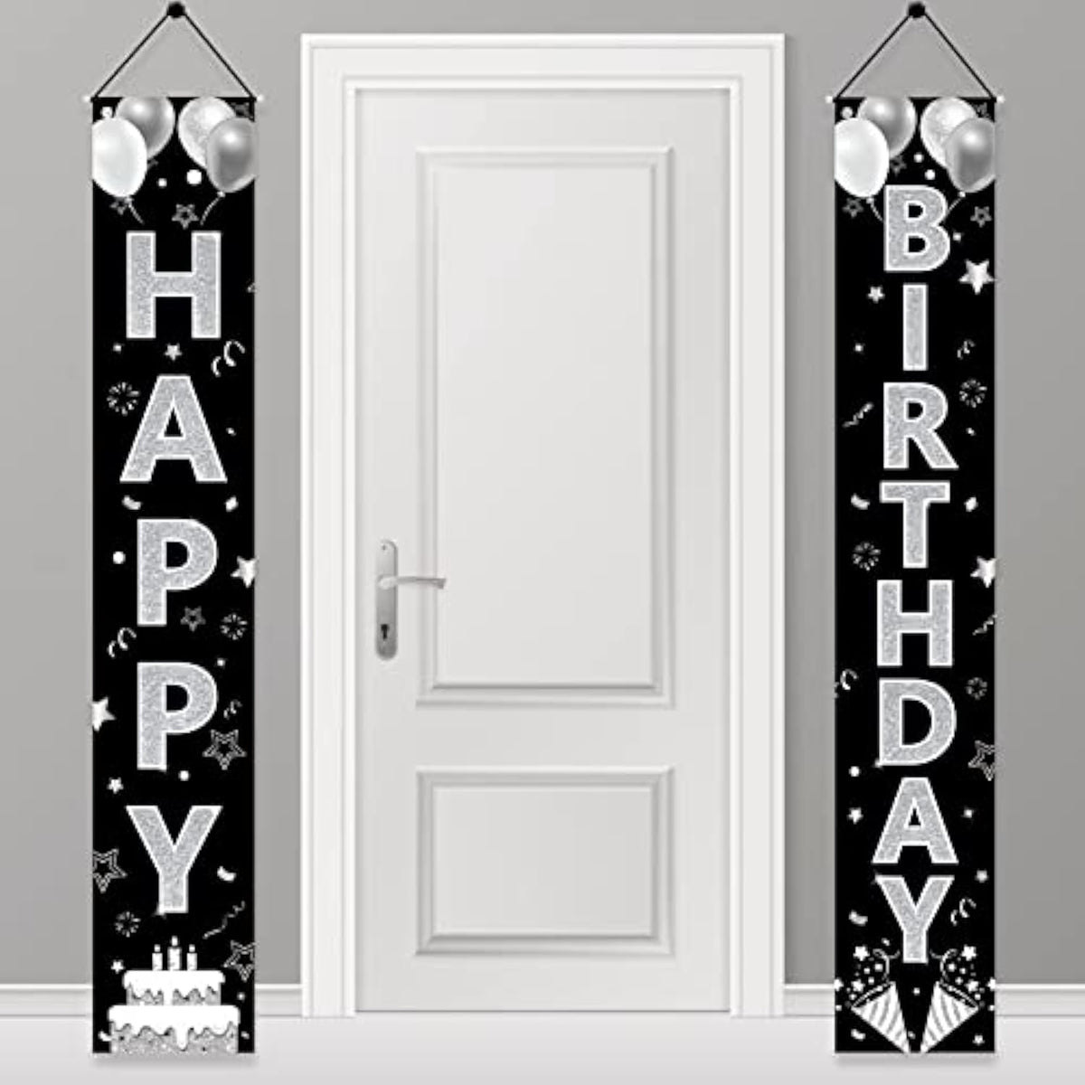 Black Silver Happy Birthday Party Supplies, Porch Sign & Backdrop Decor For Men Women, 16Th To 90Th Birthdays