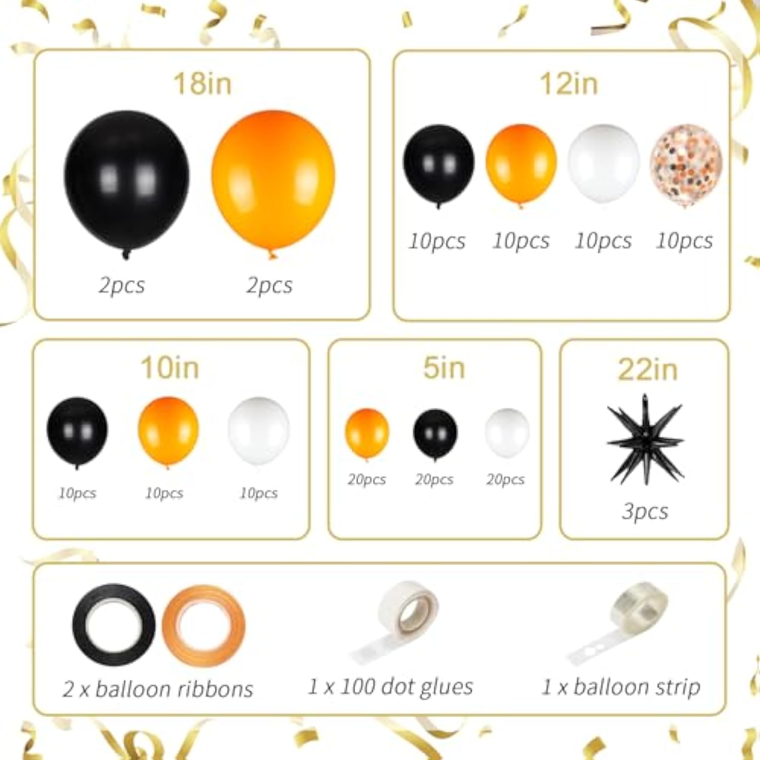 141pcs Latex Balloons with 3 Foil Balloons Orange Black White Birthday Graduation Party Decor