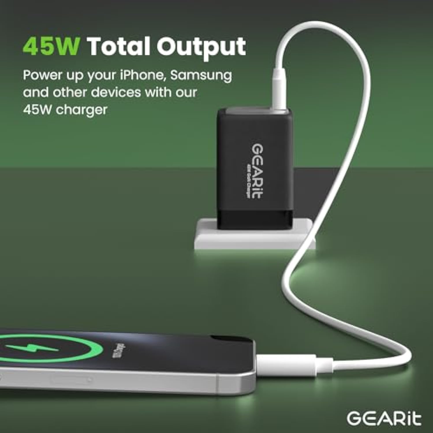 GEARit Compatible with Apple, Samsung, iPhone, iPad | 45W USB C Charger Block | Foldable GaN Wall Charger Box | Fast Charging Wall Plug Power Adapter Brick Cube | Type-C Charging Block - Black