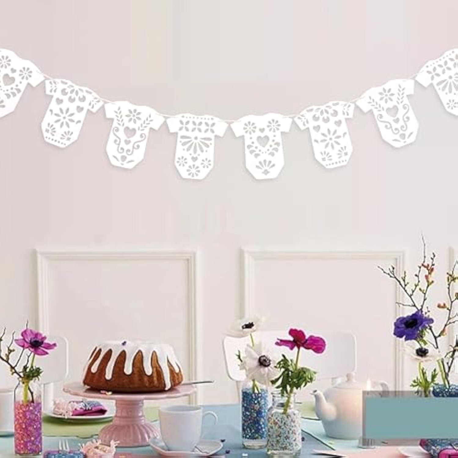 Papel Picado Baby Shower Garland, Lace Onesie Fiesta Banner Party Decor
