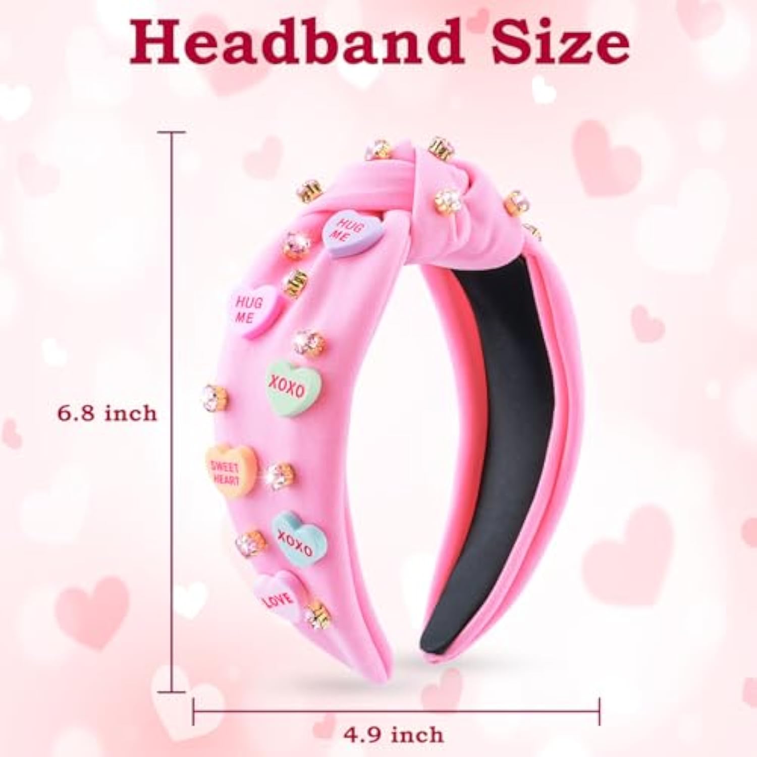 Valentine’S Day Headbands For Women, Candy Love Conversation Heart Headbands, Rhinestone Jeweled Trendy Pink Knotted Headband For Valentines Outfit, Valentine’S Day Gifts Hair Accessories For Her