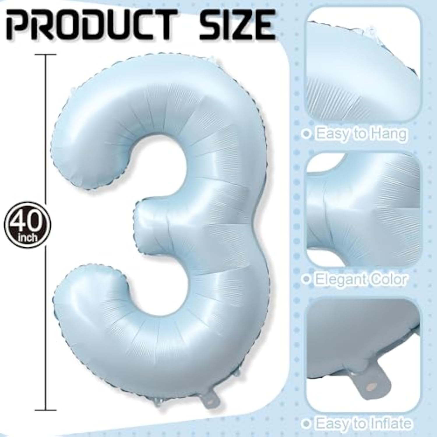 3Rd Birthday Balloons For Boys, 40'' Foil Self Inflating Light Matte Blue Number 3 Balloon, Pastel Sky Blue Large Mylar 3 Balloon Number For Kids 3 Yeal Old Birthday Party Decor Anniversary Decoration