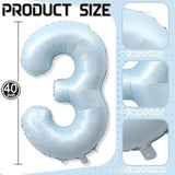 3Rd Birthday Balloons For Boys, 40'' Foil Self Inflating Light Matte Blue Number 3 Balloon, Pastel Sky Blue Large Mylar 3 Balloon Number For Kids 3 Yeal Old Birthday Party Decor Anniversary Decoration