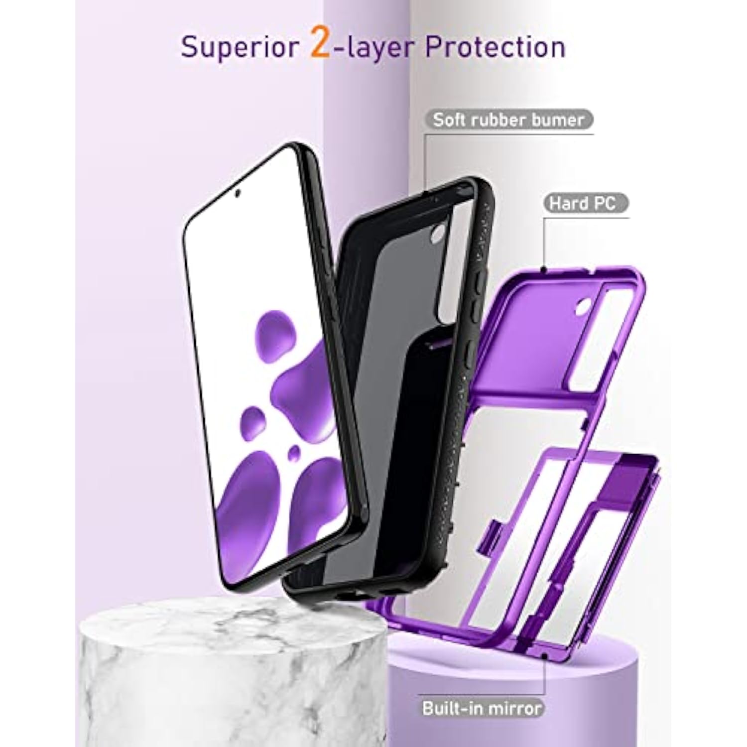 For Samsung Galaxy S22 Wallet Case With Credit Card Holder & Hidden Mirror, Allround Protection Shockproof Phone Cover Designed For Samsung Galaxy S22 5G, 6.1 Inch Purple