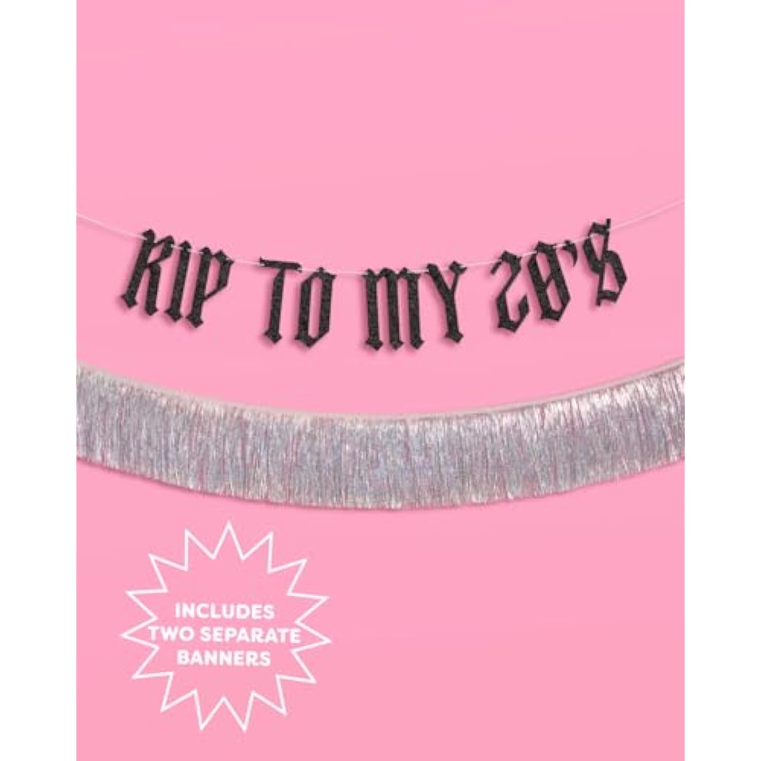 "RIP to My 20s" black glitter & iridescent fringe banner for 30th birthday decor