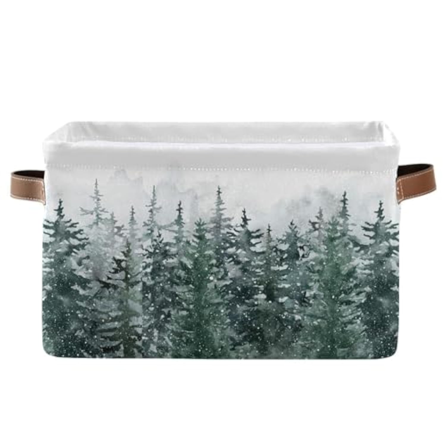 Winter Pine Forest Tree Storage Basket With Waterproof Liner And Pu Handles Christmas Snow Scene Storage Bins Boxes 14.2" Collapsible Decorative Organizer Baskets For Bedroom Closet Office 1 Pack