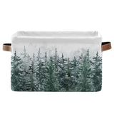 Winter Pine Forest Tree Storage Basket With Waterproof Liner And Pu Handles Christmas Snow Scene Storage Bins Boxes 14.2" Collapsible Decorative Organizer Baskets For Bedroom Closet Office 1 Pack