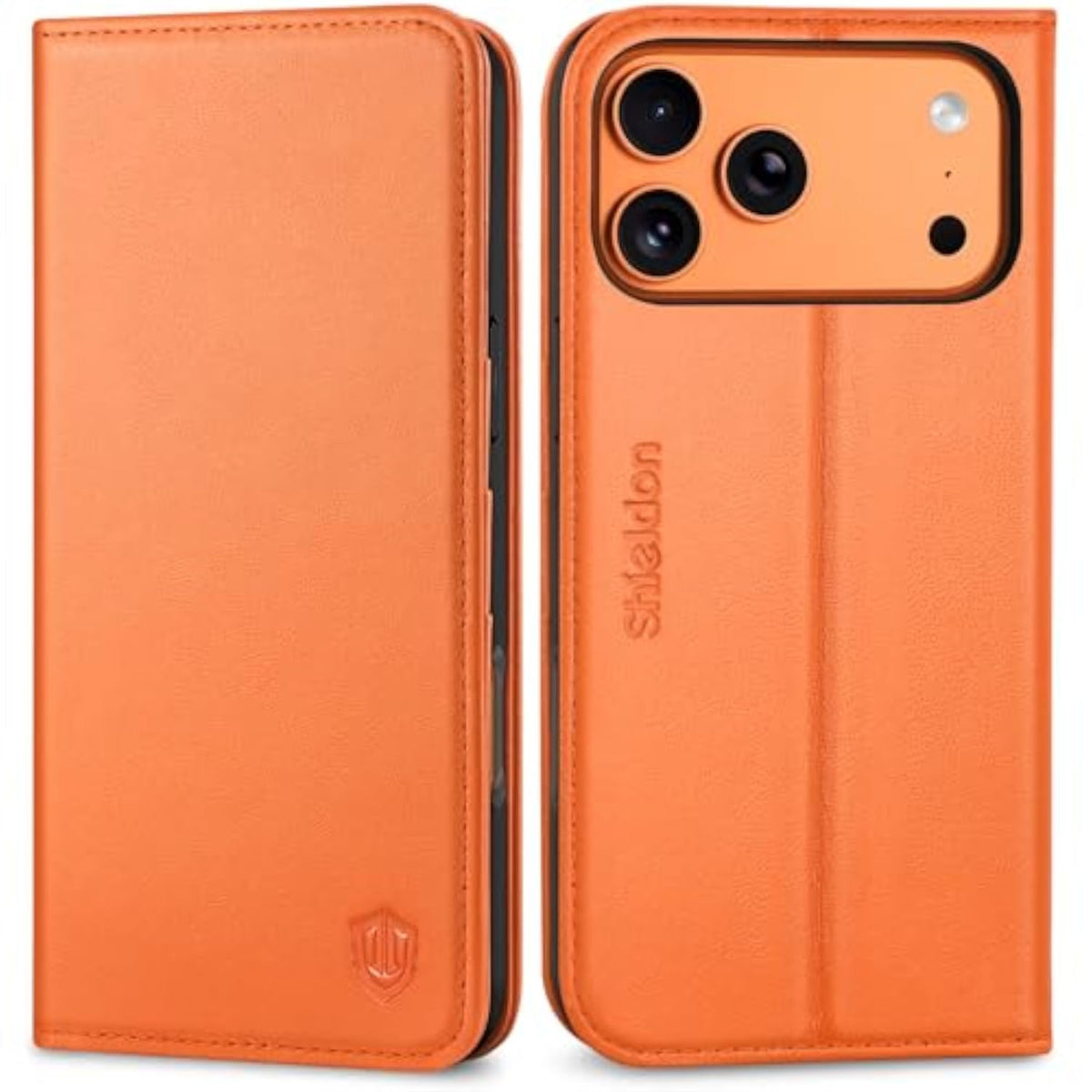 SHIELDON Real Leather Flip Wallet Case for iPhone 17 Pro Max 6.9" Orange