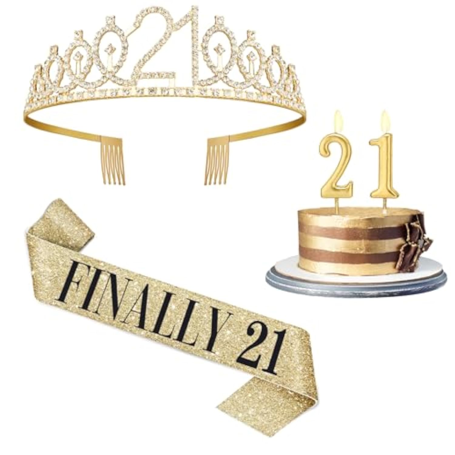21St Birthday Decorations For Her With 21St Birthday Sash And Crown, Candles Gold, Gifts For 21 Year Old Girls
