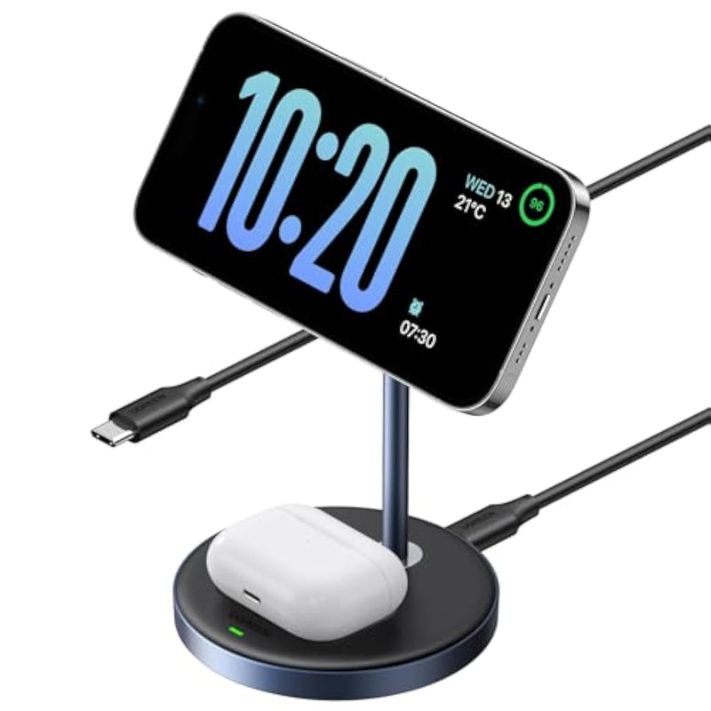 UGREEN MagFlow 2-in-1 Magnetic Wireless Charging Station, Fast Wireless Charger for iPhone 16 15 14 13 12 Series and AirPods, MagSafe Compatible Qi Charging Stand with 3 FT USB-C Cable (No AC Adapter)