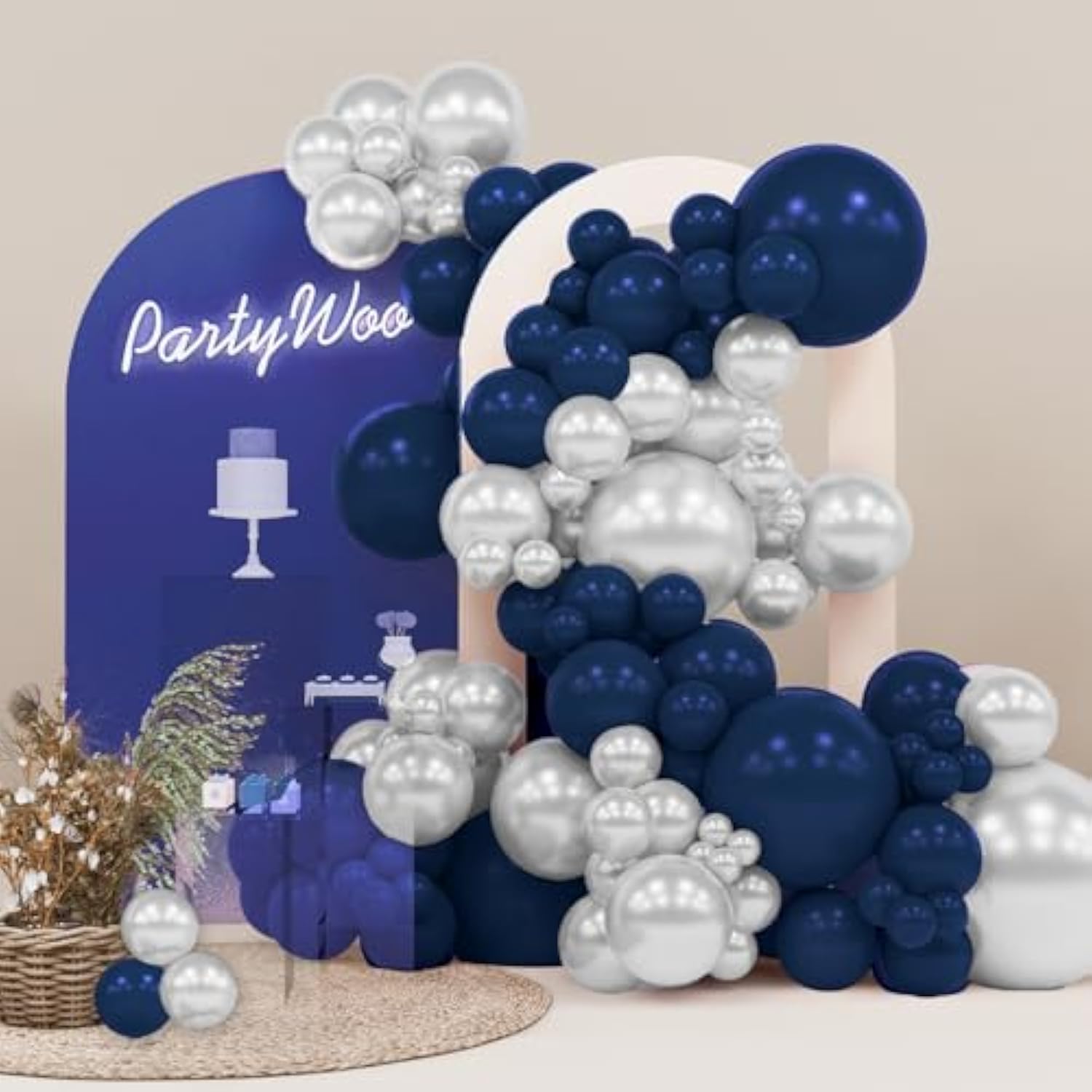 142PCS Navy Blue and Silver Balloons in Various Sizes for Garland or Party Decor